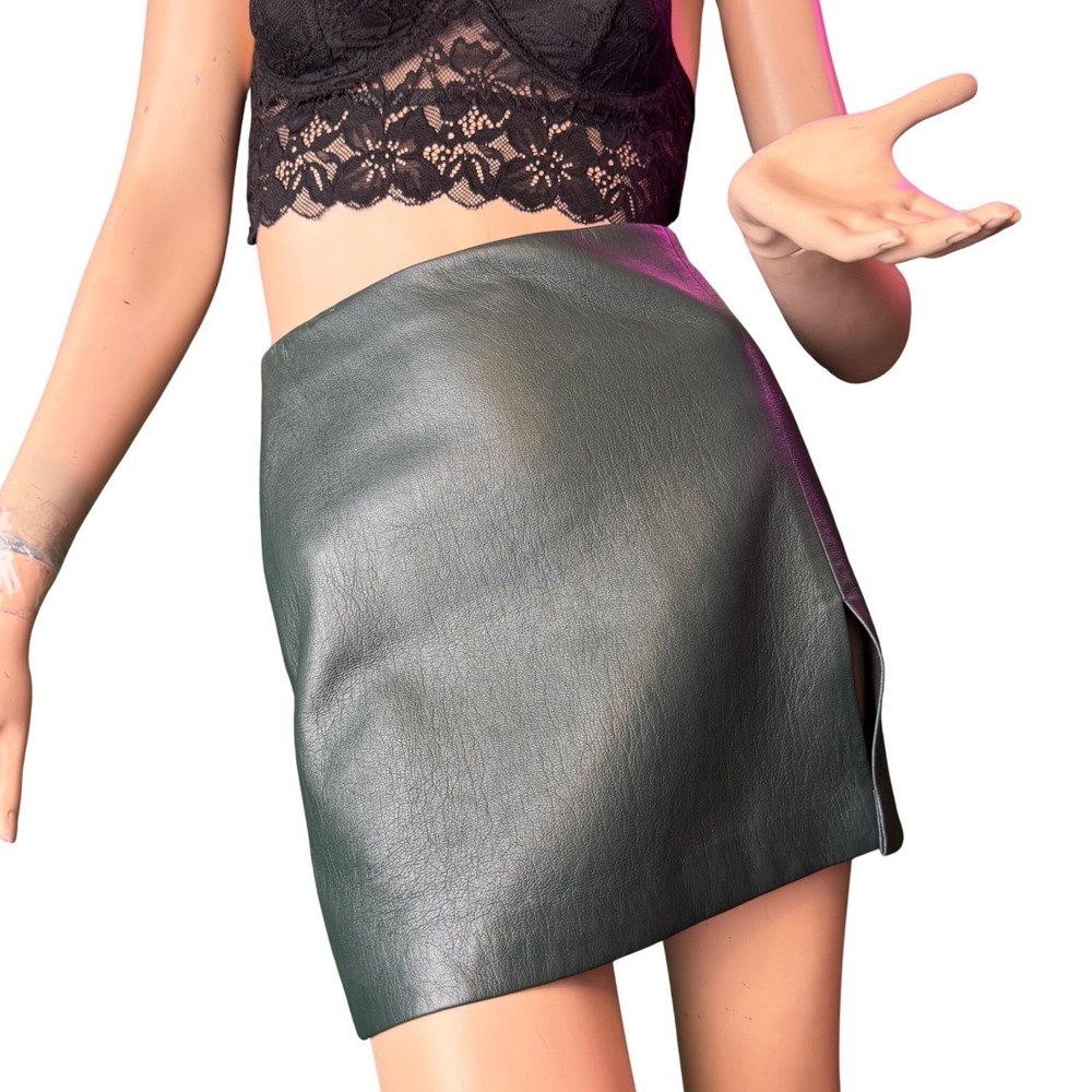 Sunday Best Aritzia Mini Skirt Green Faux Leather Side Slit Dark Academia  0